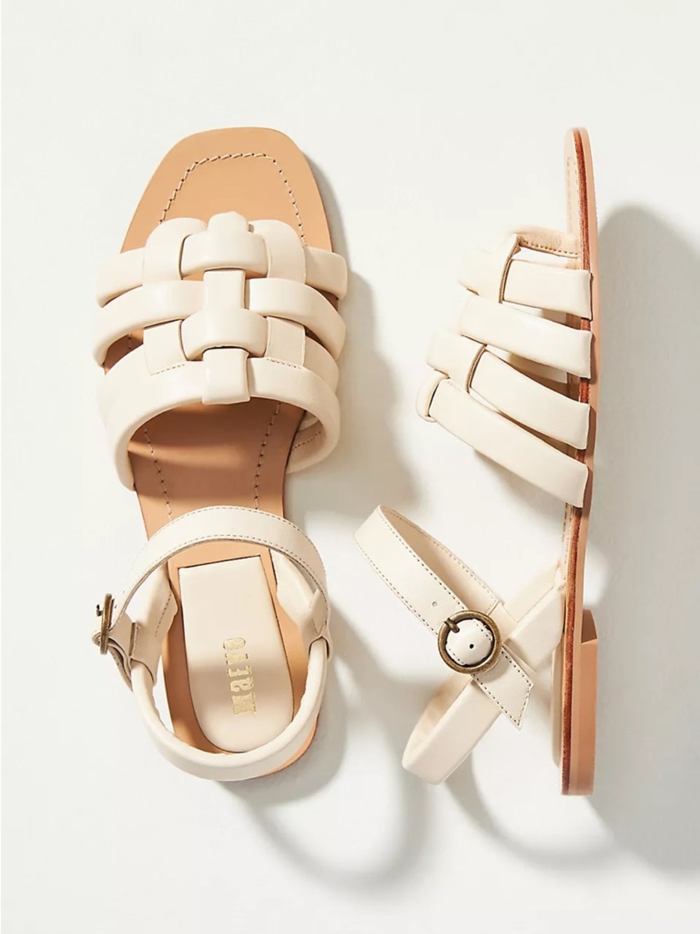 NWOT Anthropologie Maeve Woven Puff Leather Flat Sandals in Cream